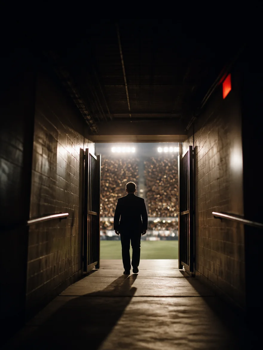 A stadium tunnel at night opening onto a floodlit pitch
